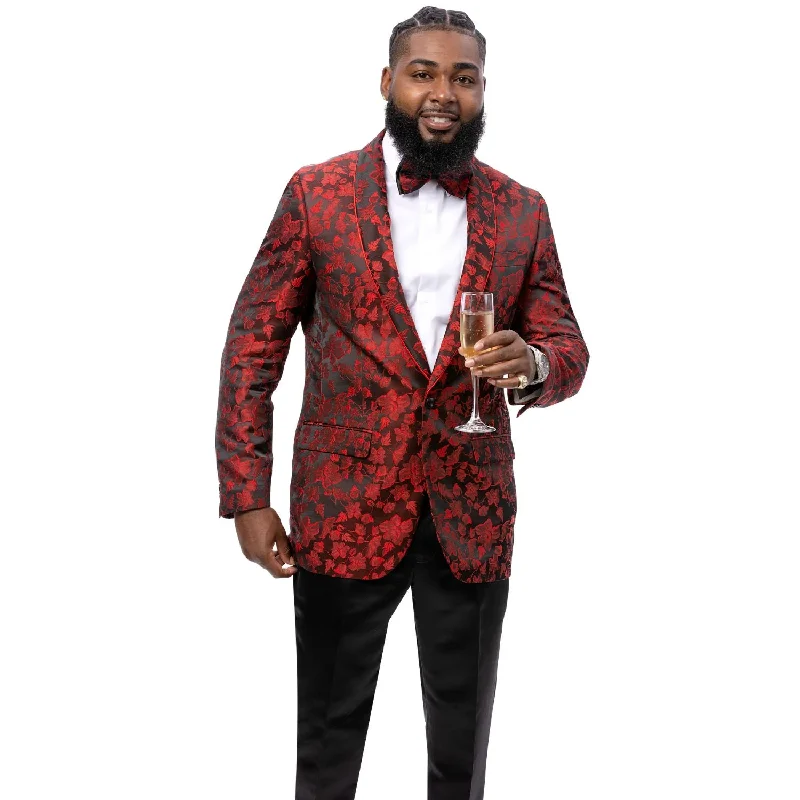 Men's Elegant Red Floral Velvet Blazer Polished Men's Satin