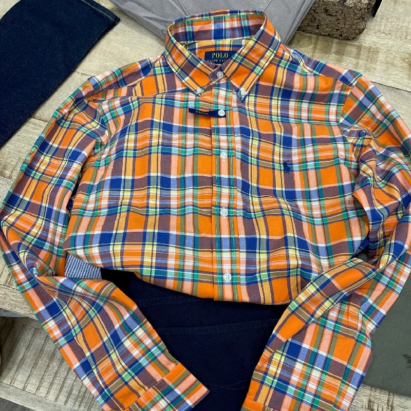 Poplin Stretch Custom Fit Shirt - Check - Orange/Navy Multi Dapper Men's 1920S