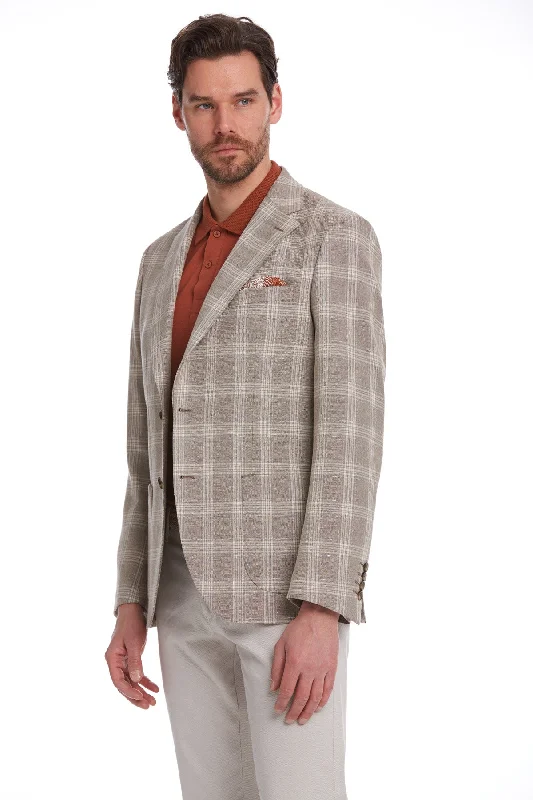 Slim Fit Plaid Wool & Linen Blend Light Brown Classic Blazer Cozy Men's Winter