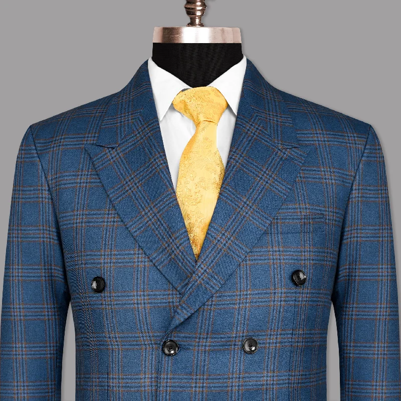 Bismarck Blue Plaid Double Breasted Blazer Refined Men's Classic 