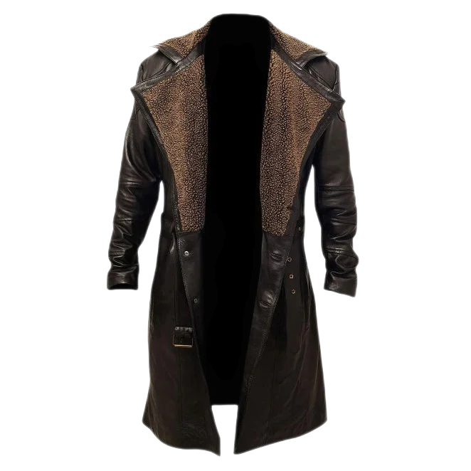 Brody Men's Leather Trench Coat With Faux Fur Lining Brown Polished Men's Satin