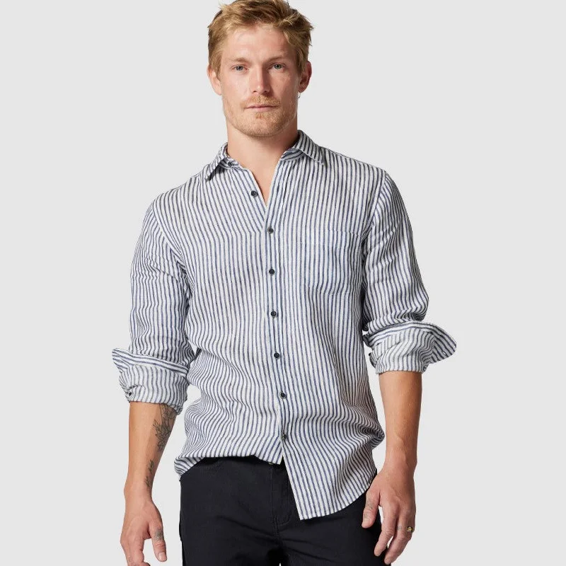 Port Charles Sports Fit Linen Shirt - Stripe - Deep Ocean Cclassic Men's Tweed