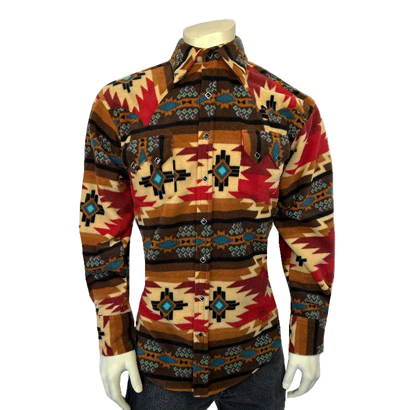 Men's Native Pattern Fleece Western Shirt in Brown & Red Refined Men's European