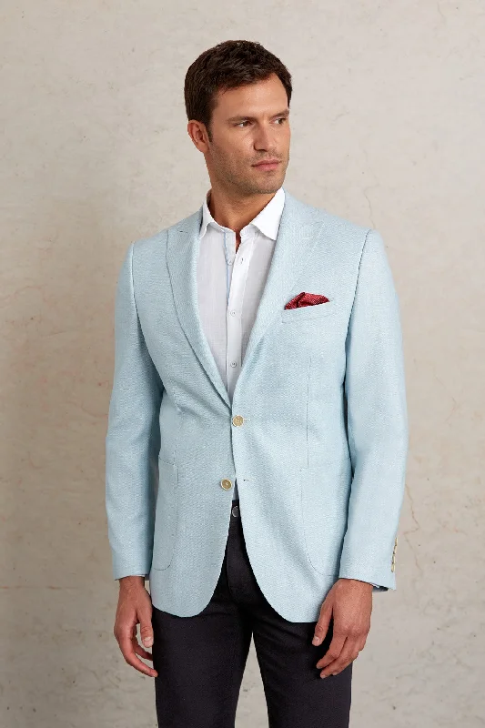 Slim Fit Light Blue Peak Lapel Casual Blazer Unique Men's Patch