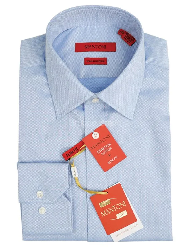 Mantoni Slim Fit Light Blue 100% Cotton Wrinkle Free Stretch Fabric Dress Shirt Unique Men's Patch