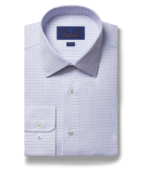 David Donahue Blue & White Micro Dobby Dress Shirt Beach