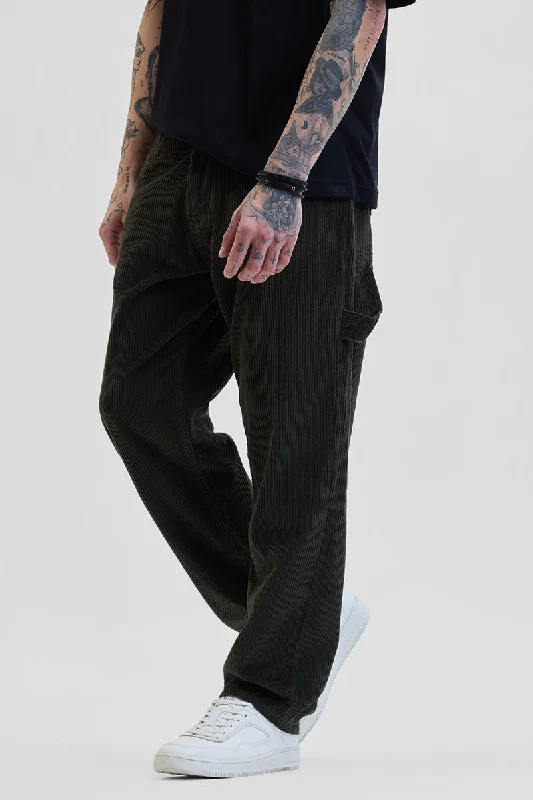 Dark Green Corduroy Relaxed Fit Cargo Pants Edgy Men's Punk