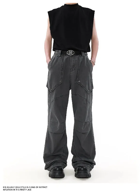 Faded Big Pocket Pleats Cargo Pants British Gentleman Style