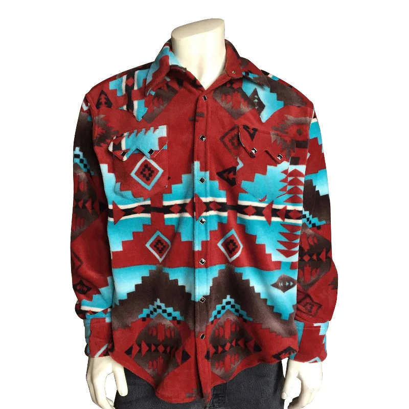 Men's Native Pattern Fleece Western Shirt in Rust & Turquoise Youthful Men's Pop