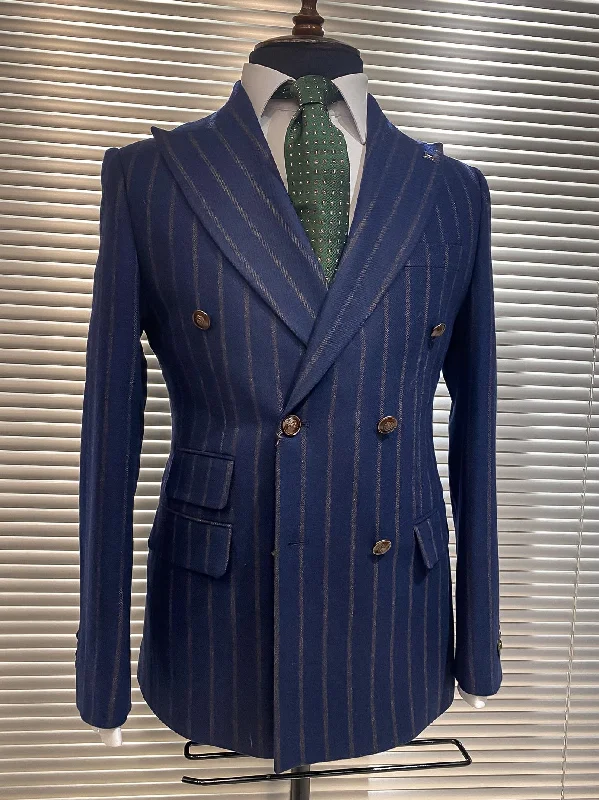 Navy Striped Woolen Double Breasted Blazer Casual Men's Japanese 