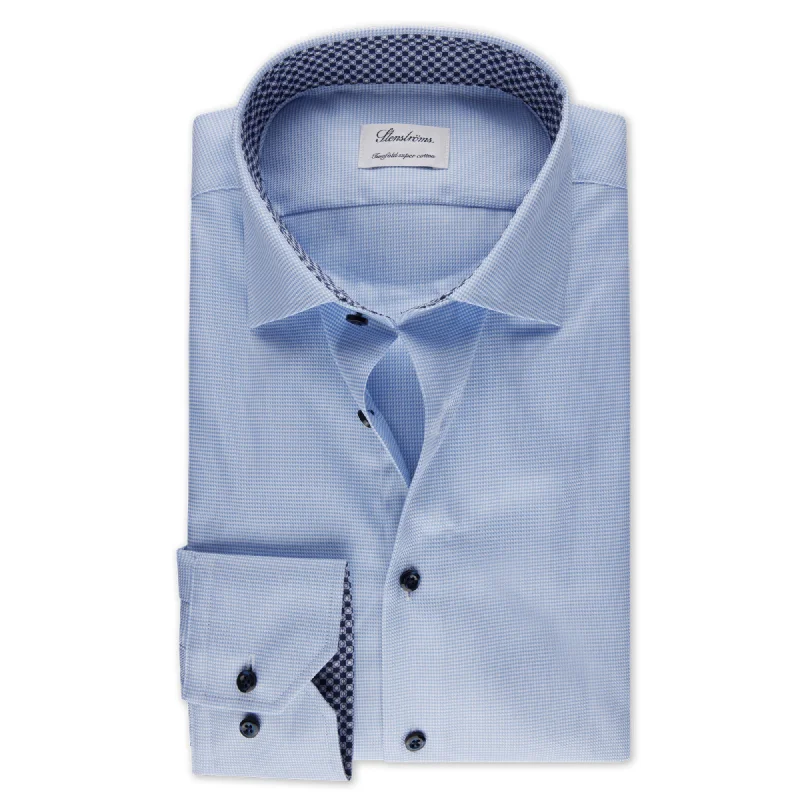 Blue Neat w/ Contrast Trims Twill Fitted Body Shirt - Stenströms Trendy Men's Oversized