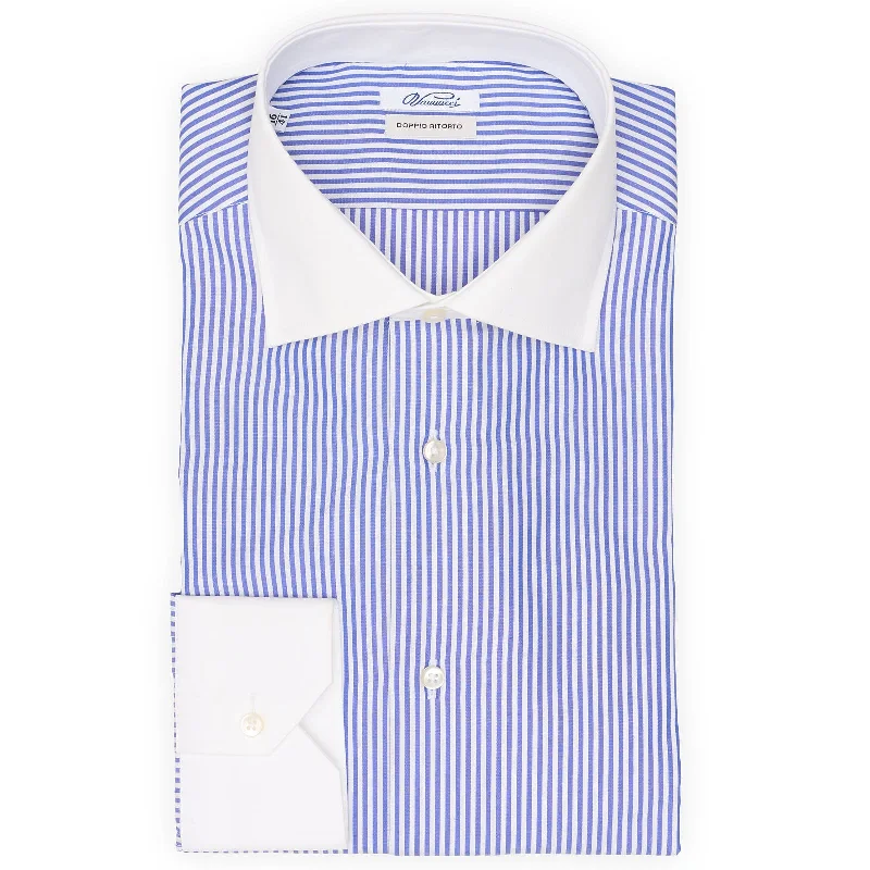 VANNUCCI Milano Delft Blue Bengal Striped Cotton Dress Shirt EU 41 NEW US 16 Dynamic Men's Glow