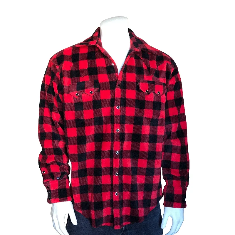 Men's Buffalo Check Fleece Western Shirt in Red & Black Youthful Men's Anime