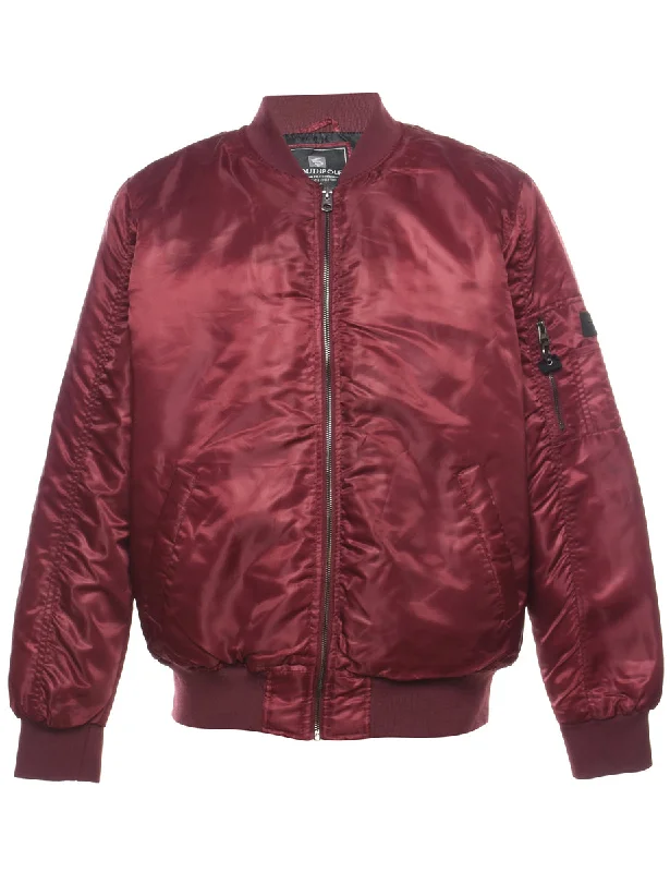 Maroon Zip-Front Classic Bomber Jacket - L British Gentleman Style