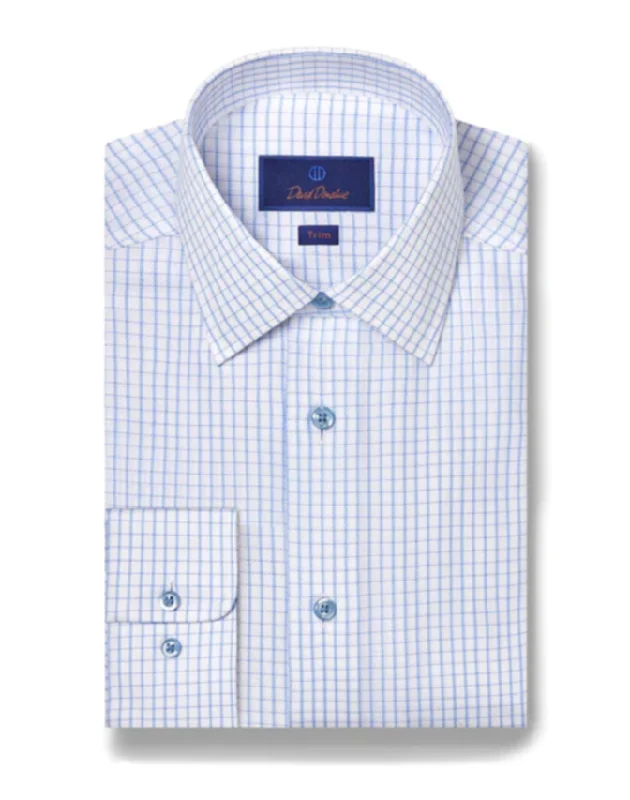 David Donahue White & Blue Grid Check Dress Shirt Bohemian Men's Free