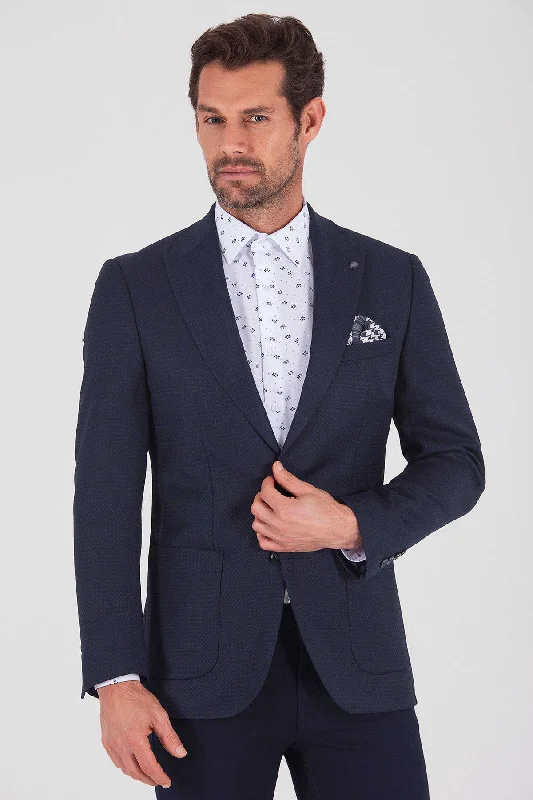 Slim Fit Peak Lapel Patterned Wool Blend Navy Casual Blazer, Navy D. Tough Men's Tactical