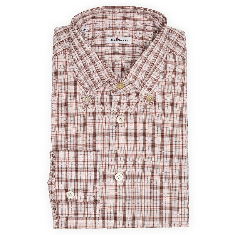 KITON Napoli Handmade Brown Plaid Button-Down Cotton Shirt NEW Dapper Men's Bow