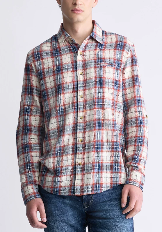 Simbio Men's Long-Sleeve Plaid Shirt, Beige, Blue & Red - BM24429 Hip Men's Urban