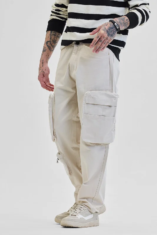 Cream Relaxed Fit Multi-Pocket Cargo Pants Casual Men's Japanese 