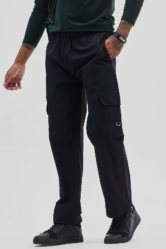 Black Relaxed Fit Parachute Pants Unique Men's Patch