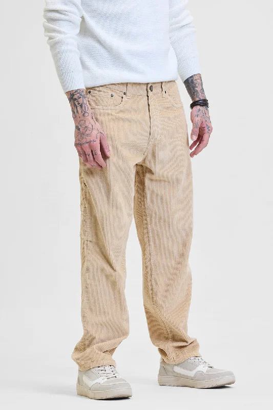 Beige Corduroy Relaxed Fit Cargo Pants Sophisticated Men's French