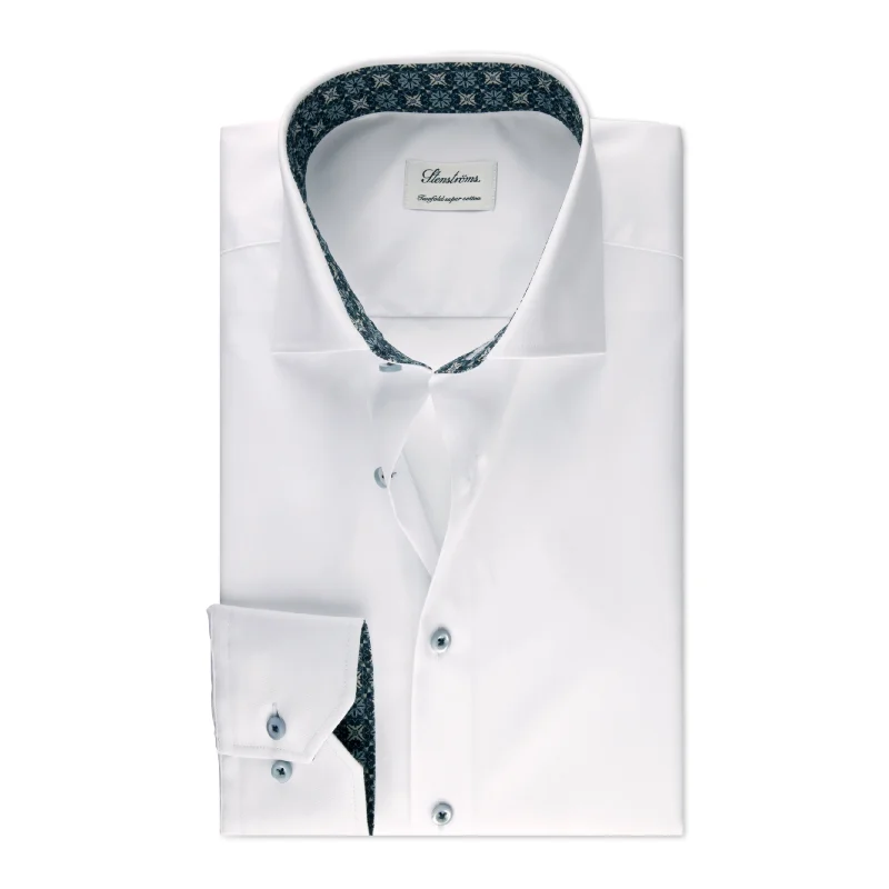 White w/ Blue Geometric Trim Slimline Twill Shirt - Stenströms Classic Men's Pin