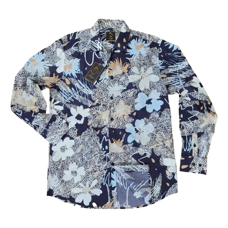 Cigar Tan Navy Floral Casual Shirt S-4416 Cool Men's Skate