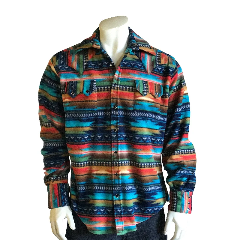 Men's Serape Pattern Fleece Western Shirt in Multi-Color Turquoise Sporty Men's Tennis