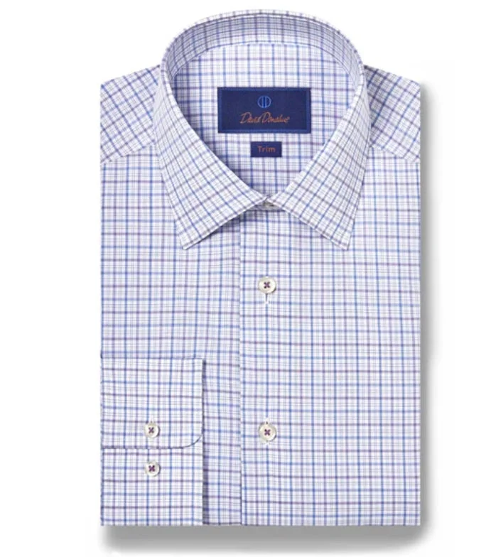 David Donahue Blue & Lilac Poplin Check Dress Shirt Elegant Men's Formal 