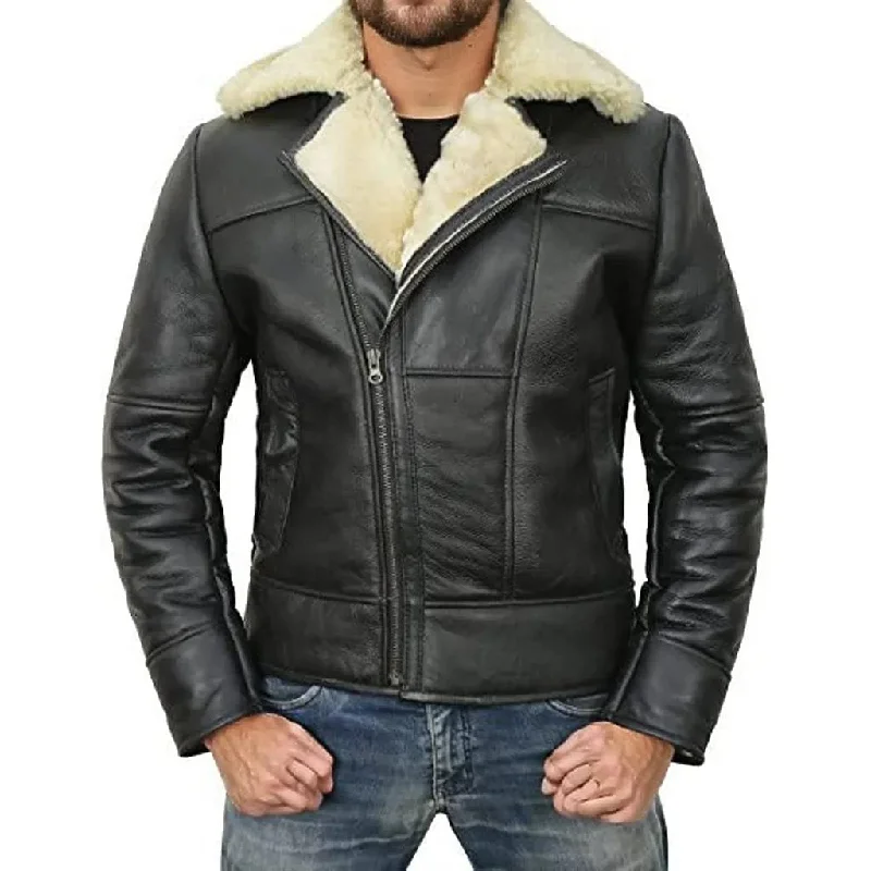 Ellis Men's Lambskin Leather Faux Fur Lined Aviator Jacket Black Rugged Men's Outdoor 