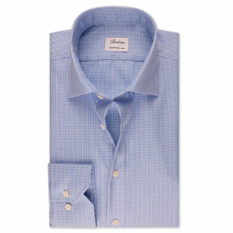 Blue Check Twill Fitted Body Shirt - Stenströms Casual Men's Japanese 