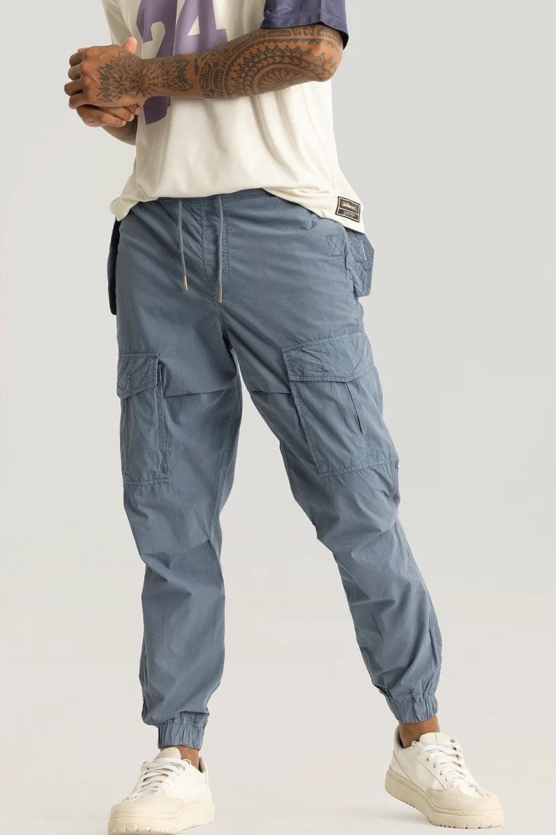 Realm Greyish Blue Plain Regular Fit Cargo Pants Tough Men's Military