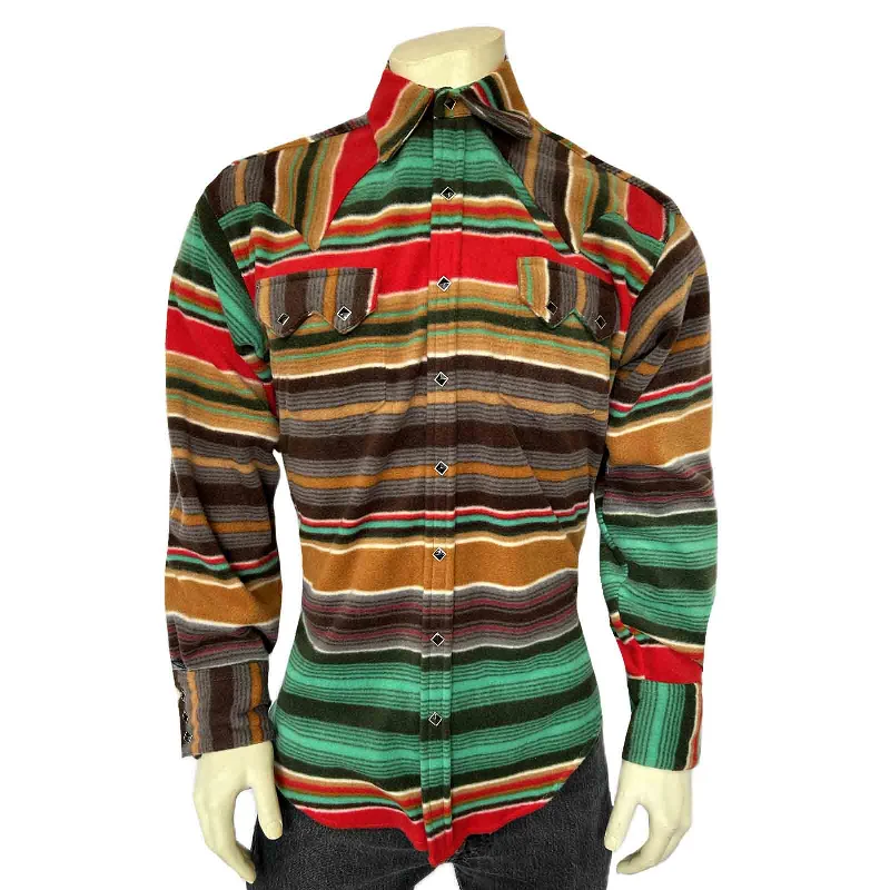 Men's Serape Pattern Fleece Western Shirt in Brown & Green Stylish Men's Tropical 