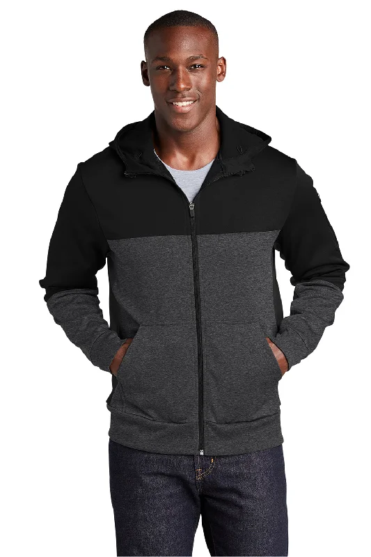 Sport-Tek Mens Moisture Wicking Full Zip Tech Fleece Hooded Jacket - Black/Heather Graphite Grey Dynamic Men's High