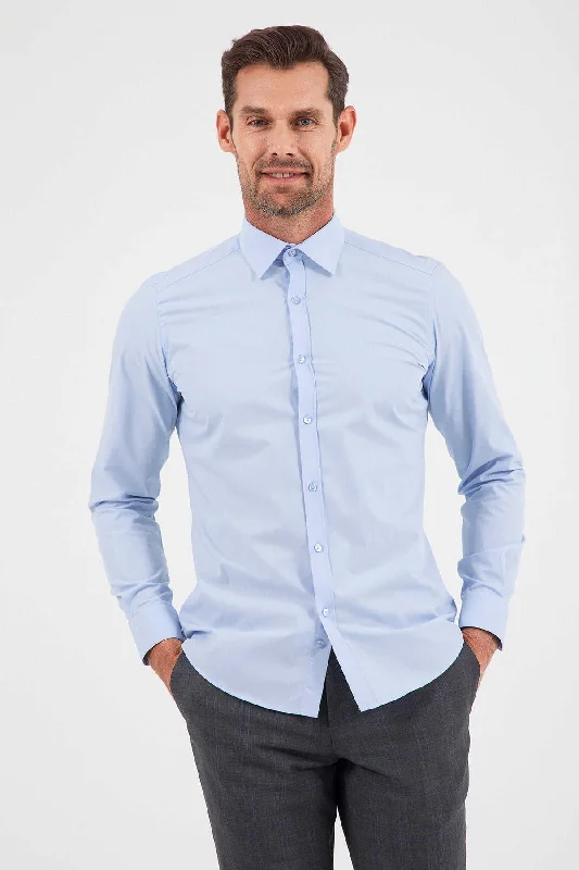 Slim Fit Long Sleeve Cotton Blend Light Blue Dress Shirt Tough Men's Military