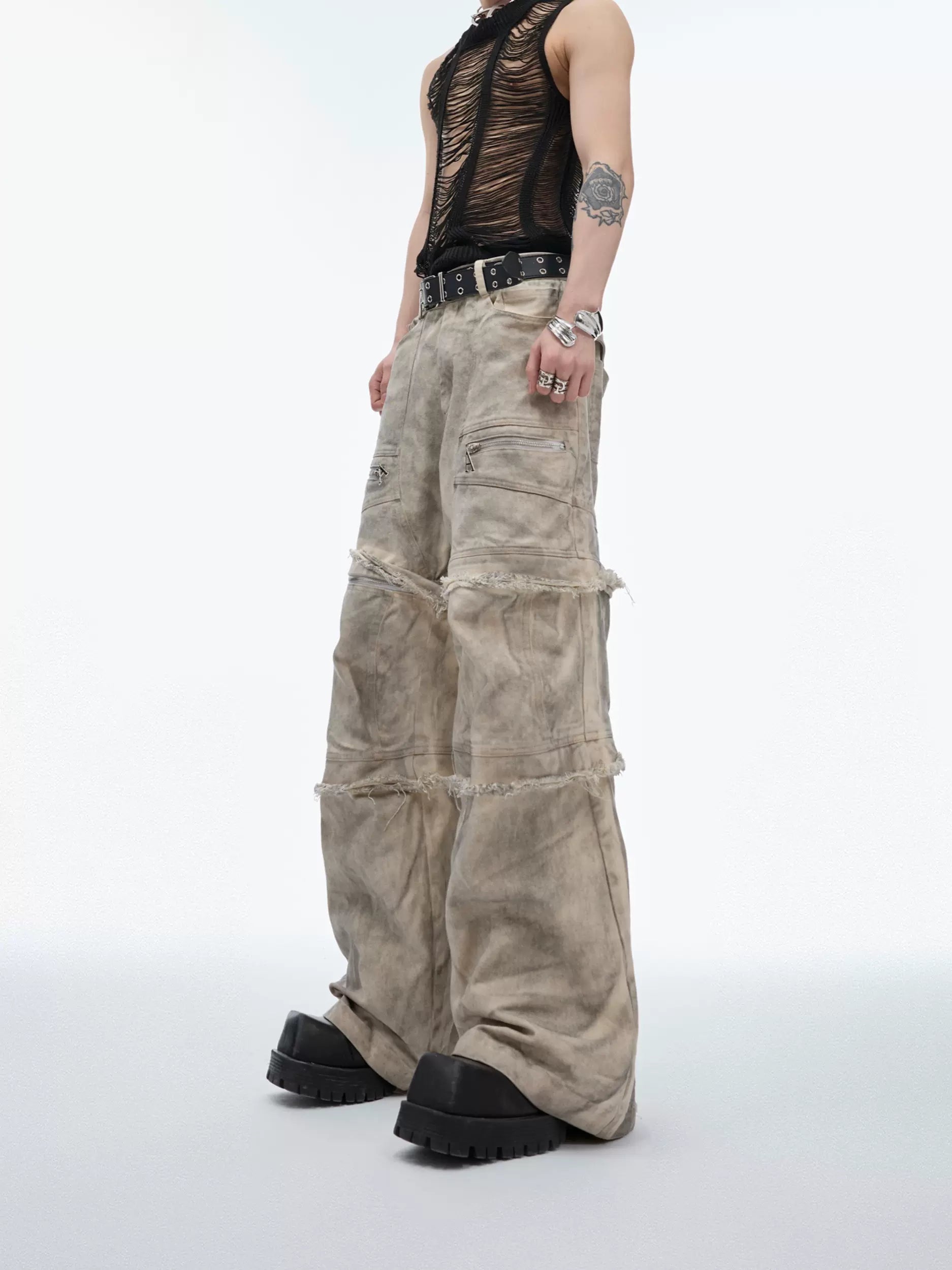 Tie-Dyed Raw Edge Cargo Pants Artistic Men's Avant