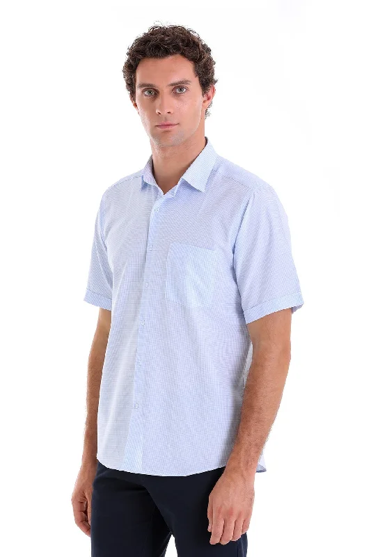 Comfort Fit Pin Check Cotton Blend Light Blue Dress Shirt Sporty Men's Tennis