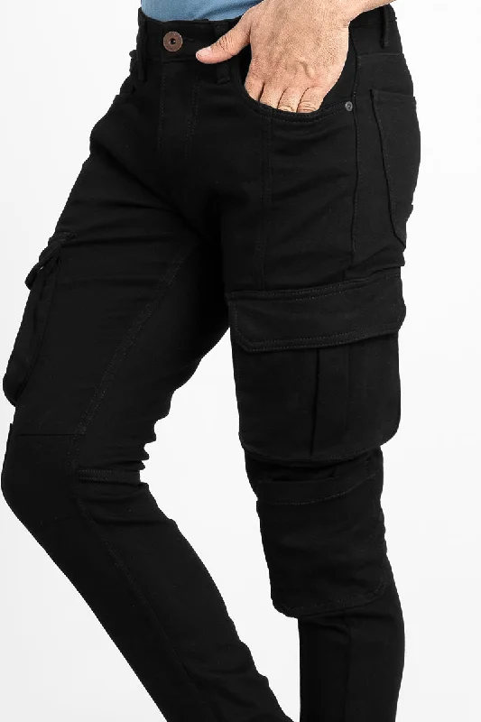 Super Skinny Jet Black Cargo Denim Sporty Men's Athleisure 