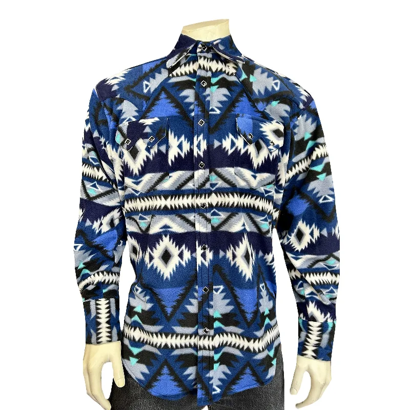 Men's Native Pattern Fleece Western Shirt in Blue & Black Polished Men's Satin