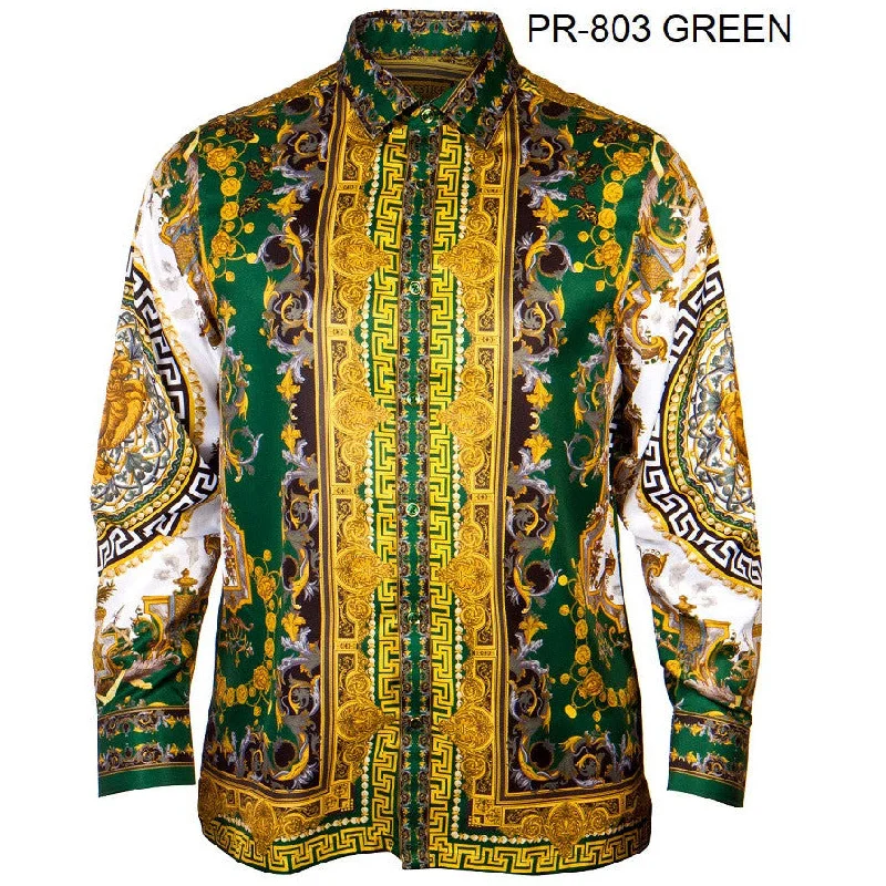 PRESTIGE BUTTON DOWN GREEN AND GOLD PATTERNED SILKY SHIRT Luxurious Men's High