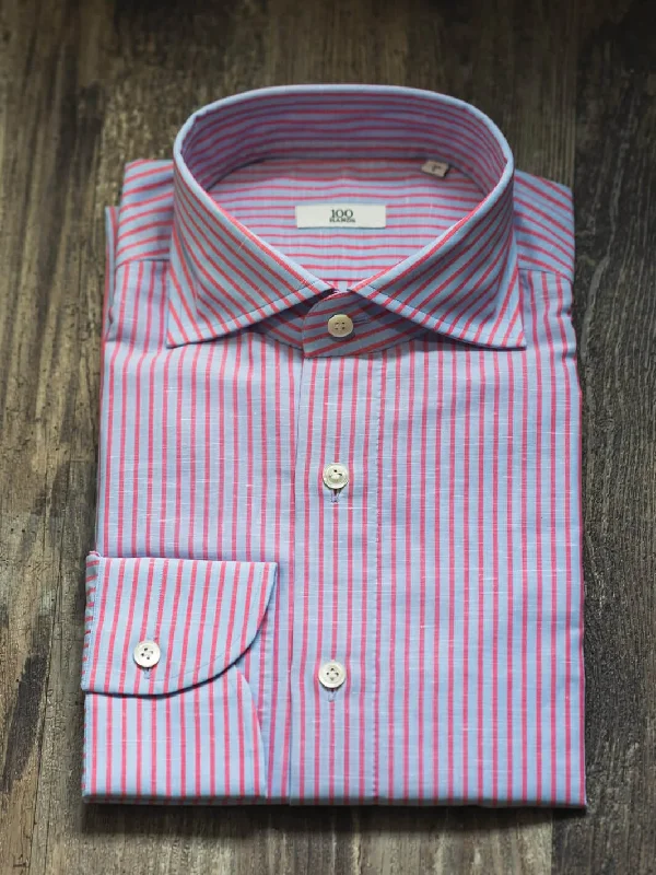 Striped Linen-Cotton Dress Shirt - Rose Pink Preppy Men's College