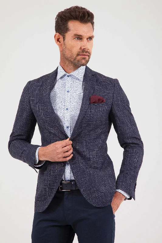 Slim Fit Notch Lapel Patterned Burgundy Casual Blazer, Navy D. Streetwear Style