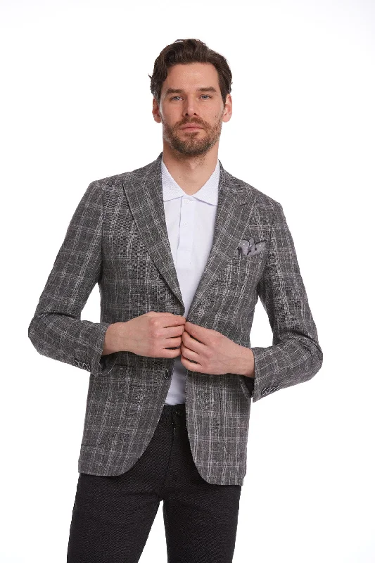 Slim Fit Brown Peak Lapel Plaid Linen Classic Blazer Dynamic Men's Moto