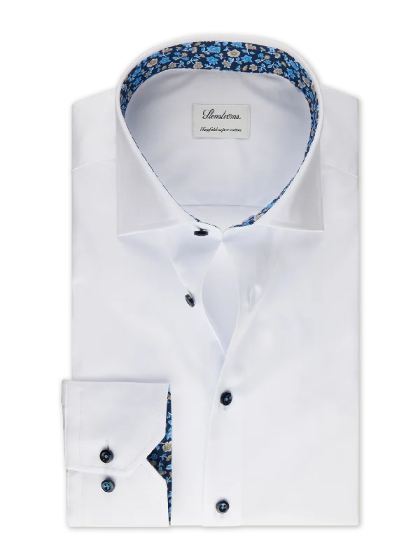 White w/ Blue Floral Trim Slimline Twill Shirt - Stenströms Cozy Men's Sherpa