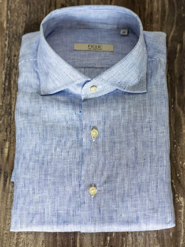 Mille Striped Linen Dress Shirt - Blue Youthful Men's Pop