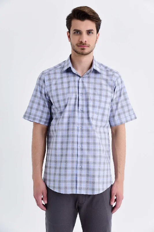 Classic Fit Short Sleeve Plaid Cotton Gray Dress Shirt Business