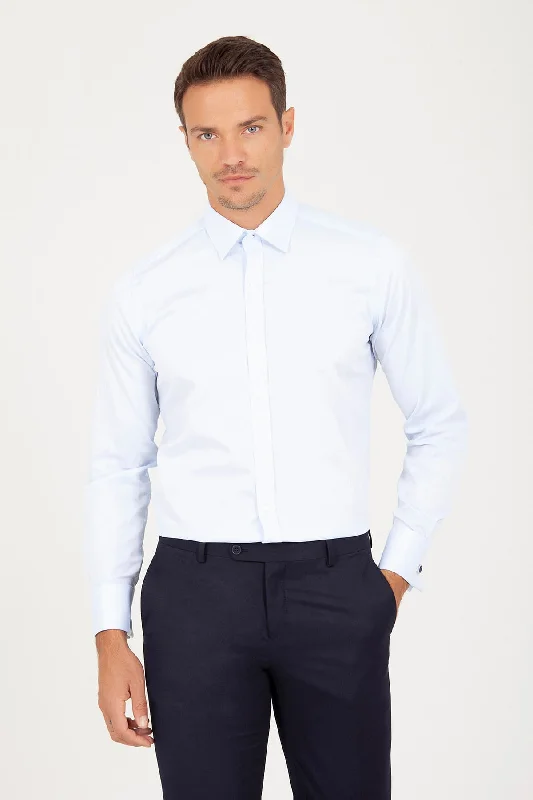 Slim Fit French Cuff Cotton Blue Dress Shirt Artistic Men's Hand