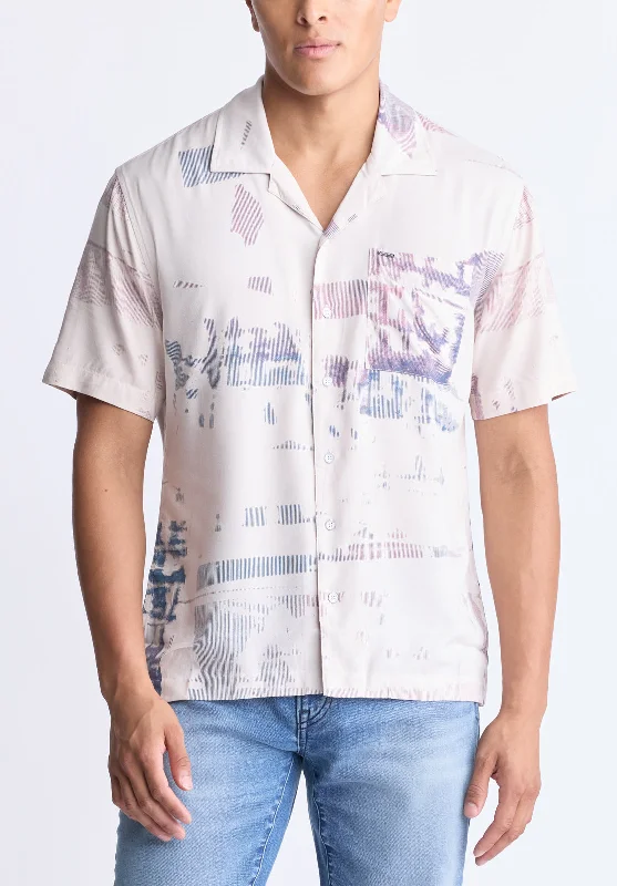 Sabob Men's Abstract Print Short-Sleeve Button-Up Shirt, Moonbeam beige - BM24523 Stylish Men's Neon