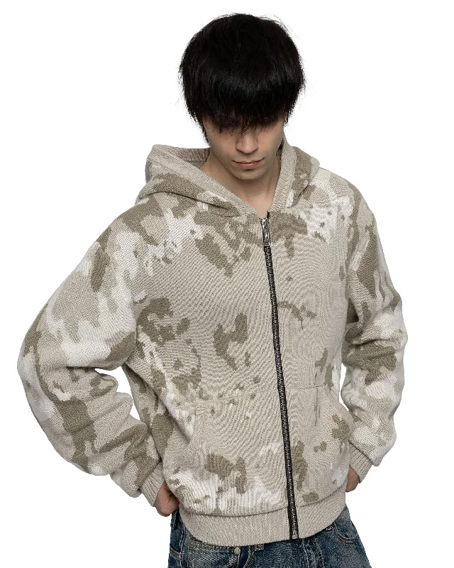 Beige Camo Knit Hoodie Minimalist Men's Casual 