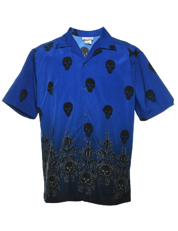 Y2K Short Sleeve Blue & Black Skull Design 1990s Shirt - S Masculine Men's Thick